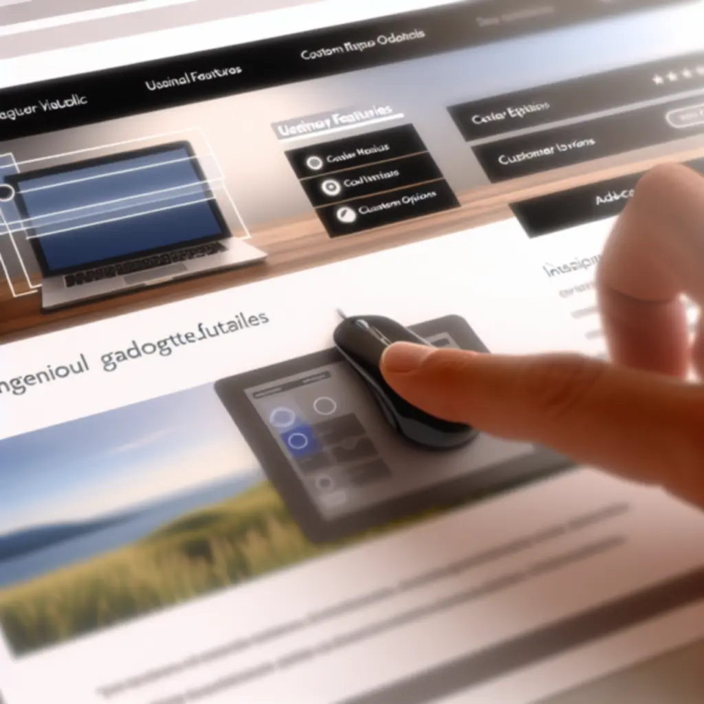 Zbliżenie strony produktu TechGadgetPL z dużym zdjęciem, specyfikacją i opiniami