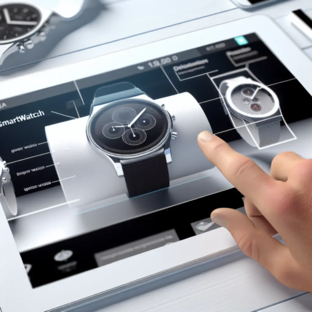Strona produktu smartwatcha z widocznymi zdjęciami i specyfikacją